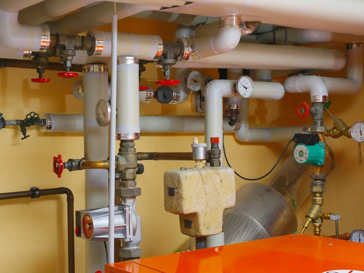 Pipes, valves and a pump in a utility room